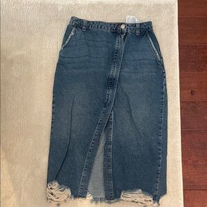 Zara Blue Denim Midi Skirt with Frayed Hem